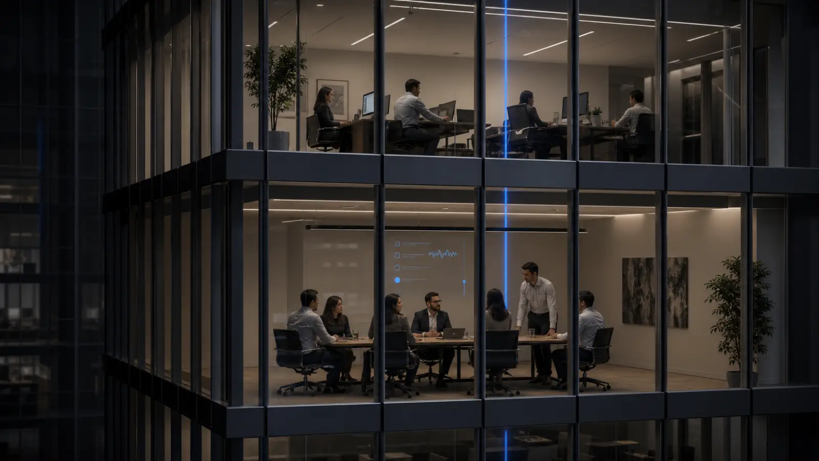 Oficina de vidrio iluminada de noche, con personas trabajando frente a sus pantallas